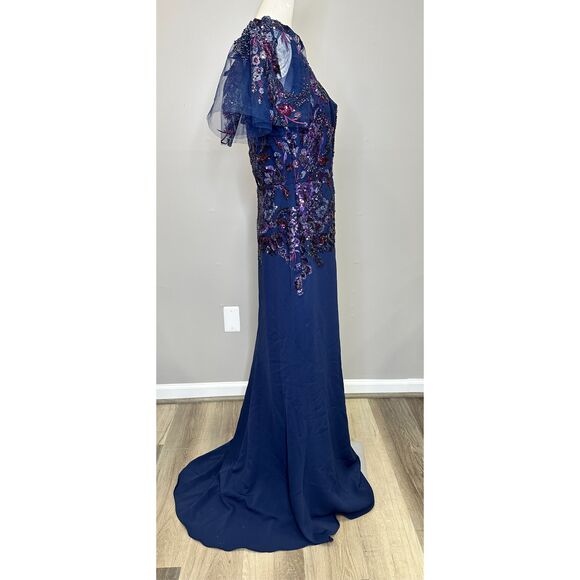 NWT Badgley Mischka Sweetheart Neck Beaded Lace Flutter-Sleeve Gown Navy Size 12 - Picture 8 of 9